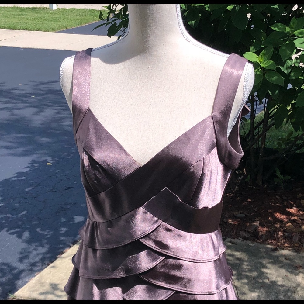 LONDON TIMES Dress with lining, knee length, white straps, metallic bronze.